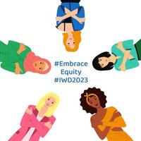 omhelzing eigen vermogen leuze van Internationale vrouwen dag 2023. multicultureel Dames zijn knuffelen zichzelf. liefde jezelf concept. Super goed voor banier, kaart, poster, sjabloon, sociaal media. vector illustratie