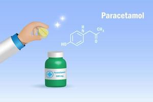 dokter, apotheker hand- houden paracetamol geneeskunde pil met skelet- moleculair structuur en paracetamol fles. farmaceutisch drug voor hoofdpijn en pijn Verlichting. 3d vector