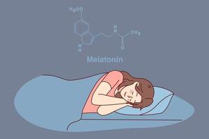 kalmte vrouw slapen in bed hebben melatonine hormoon geproduceerd. gelukkig meisje in slaap Bij huis, genieten van vredig dutje of droom. gezond slapen en wetenschap. vector illustratie.