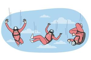 gelukkig persoon in beschermend pak vallend naar beneden van lucht met parachute. concept van vrij vallen. extreem sport. vlak vector illustratie.