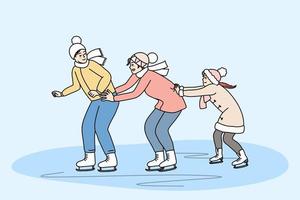 gelukkig familie hebben pret het schaatsen Aan ijs baan Aan winter vakantie samen. glimlachen ouders met kind genieten sport werkzaamheid Aan weekend. vector illustratie.