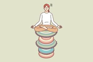 kalmte vrouw zittend Aan stack van zen rotsen mediteren. vredig vrouw praktijk yoga betrokken in meditatie sessie. gezondheidszorg en vrede. vector illustratie.