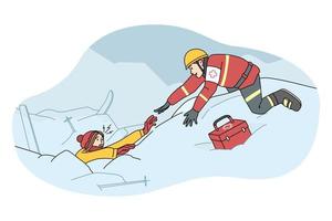 redder in nood helpen skiër begraven in lawine na erge, ernstige sneeuwstorm. redder vind mensen in sneeuw Bij ski toevlucht. levensreddende en redden operatie. vlak vector illustratie.