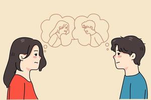 Mens en vrouw verborgen emoties in toespraak bubbels. ongelukkig paar geliefden hebben relaties problemen. echtgenoten lijden van relaties probleem. scheiden of Uitmaken. vector illustratie.