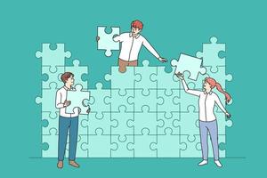 verschillend mensen uit het bedrijfsleven aansluiten decoupeerzaag puzzels op zoek voor bedrijf oplossing samen. collega's samenwerken toetreden stukken voor gedeeld doel of resultaat prestatie. teamwerk. vector illustratie.