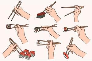 verzameling van mensen houden eetstokjes aan het eten sushi. reeks van personen genieten traditioneel Japans voedsel. Japan keuken cultuur en traditie. vlak vector illustratie.