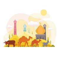 eid al adha tekenfilm illustratie in de woestijn met moskee achtergrond vector illustratie