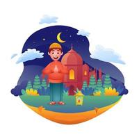 moslim jongen tekenfilm voor Ramadan kareem met moskee vector illustratie