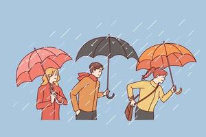 mensen met paraplu's wandelen Aan regenachtig dag. mannen en Dames buiten onder regen. weer veranderingen, herfst seizoen concept. vector illustratie.