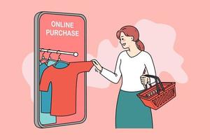 glimlachen vrouw boodschappen doen online Aan app Aan modern smartphone. gelukkig vrouw cliënt of koper aankoop bestellen kleren Aan internet gebruik makend van mobiele telefoon sollicitatie. consumentisme. vector illustratie.