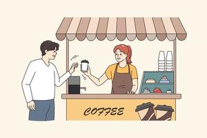 glimlachen Mens kopen meenemen koffie in straat coffeeshop van vrouw barista. gelukkig meisje dienen vent cliënt maken espresso of cappuccino in cafetaria. klein bedrijf concept. vector illustratie.