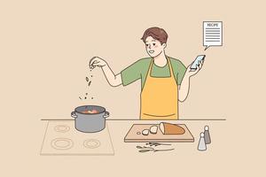 glimlachen Mens Koken soep Bij huis keuken volgen recept Aan smartphone scherm. gelukkig mannetje chef bereiden heerlijk voedsel voor avondeten met online instructie Aan mobiele telefoon. vector illustratie.