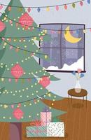 vrolijke kerstaffiche met schattige kerstboom thuis vector