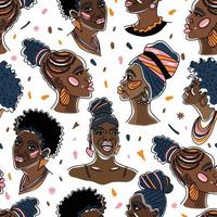 Afro-Amerikaanse mooie meisjes. vectorillustratie van zwarte vrouw met glanzende lippen en tulband. geweldig voor avatars. naadloze oppervlaktepatroon geïsoleerd op wit.