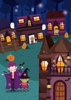 happy halloween, trick or treat met schattige karakters vector