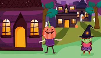 happy halloween, trick or treat met schattige karakters vector