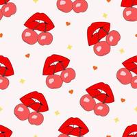 naadloos patroon met lippen. lippen houden kersen. romantisch rood vrouwelijk ontwerp. sexy lippen. perfect voor pakket, omhulsel papier en geschenk, kleding stof vector