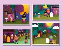 happy halloween, trick or treat-kaartenset met schattige karakters vector