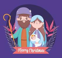 vrolijk kerstfeest en geboorte met mary, joseph en baby jesus vector