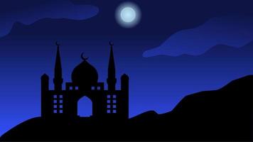 silhouet landschap van moskee met glimmend blauw lucht voor Ramadan ontwerp grafisch in moslim cultuur en Islam geloof. vector illustratie van achtergrond moskee in de nacht voor Islamitisch behang ontwerp