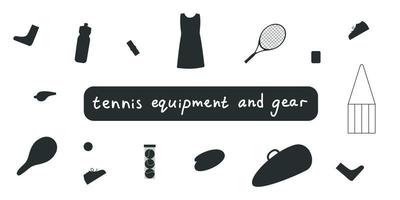 vlak vector silhouet illustratie. hand- getrokken tennis uitrusting en apparatuur, racket, ballen.