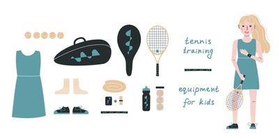 vlak vector illustratie in kinderachtig stijl. hand- getrokken tennis speler, uitrusting en apparatuur.