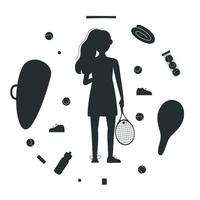 vlak vector silhouet illustratie in kinderachtig stijl. hand- getrokken tennis speler, uitrusting en uitrusting