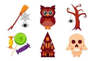 halloween element vector reeks met magie bezem, uil, boom, snoep, achtervolgd huis en schedel.