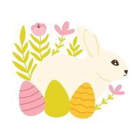 schattig Pasen konijn met eieren. vector illustratie. vlak stijl. konijn met bloemen en eieren.
