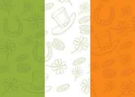 st patrick's day poster over Ierse vlag. hand getrokken doodle st. patrick's hoed, hoefijzer, klavertje vier en gouden munten. vector