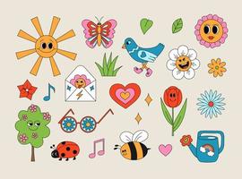 retro jaren 70 groovy voorjaar en zomer elementen set. funky hippie stickers met tekenfilm bloemen, bladeren, boom, gras, vogel, insecten, hart, zon, zonnebril, gieter kan enz. geïsoleerd vector illustratie