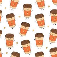 naadloos patroon met schattig papier koffie kop karakter met glimlachen gezicht, handen en poten. grappig, gelukkig tekenfilm mascotte. vector vlak illustratie