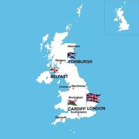 een gedetailleerde kaart van Groot-Brittannië met indexen van de belangrijkste steden van het land. nationale vlag van de staat. vector