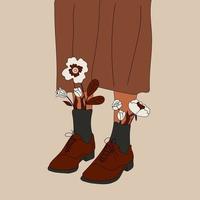 vrouw poten in de laarzen. koel schoenen met bloemen. hoog sokken . hand- getrokken vector gekleurde modieus mode illustratie. vlak ontwerp