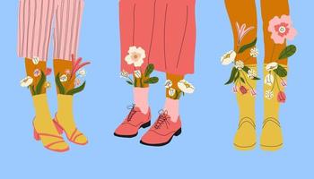reeks van drie vrouw poten in laarzen. koel schoenen met bloemen. hoog sokken . hand- getrokken vector gekleurde modieus mode illustratie. vlak ontwerp