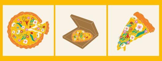 reeks van drie pizza met verschillend bloemen. voorjaar pizza. hand- getrokken vector illustratie.