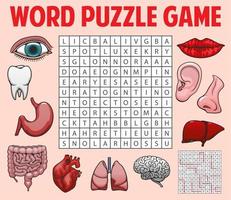 menselijk organen, lichaam onderdelen woord zoeken puzzel spel vector