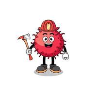 tekenfilm mascotte van ramboetan fruit brandweerman vector