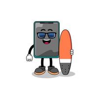 mascotte tekenfilm van smartphone net zo een surfer vector