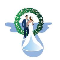 vlak vector illustratie van civiel bruiloft ceremonie. bruid en bruidegom 2d tekenfilm tekens met landschap Aan achtergrond