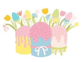 Pasen cakes en voorjaar bloemen boeket groet kaart. gelukkig Pasen kaart. vector voorraad illustratie. tekenfilm stijl vector cakes en bloemen. klok bloem, tulp, madeliefje.