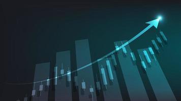 economie situatie concept. financieel bedrijf statistieken met bar diagram en kandelaar tabel met opwaartse trend pijl tonen voorraad markt prijs en valuta uitwisseling Aan groen achtergrond vector