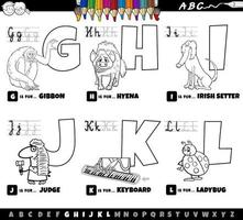educatieve cartoon Alfabetletters ingesteld van g tot l boekenpagina in kleur vector