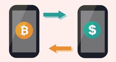 bitcoin en dollar uitwisseling mobiel bank concept van cryptogeld technologie vector