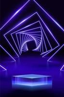 3d futuristische en luxe Product Scherm achtergrond. glas kubus stadium met meetkundig neon licht decor. vector