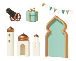 3d tekenfilm Islamitisch vakantie voorwerpen, inclusief iftar kanon, moskee toren modellen, geschenk doos, Arabisch boog deur decor en vlaggedoek vlag. elementen geïsoleerd Aan wit achtergrond. vector