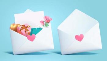 3d liefde brief enveloppen geïsoleerd Aan licht blauw achtergrond. een met hart vorm geven aan, cadeaus en roos bloem en de andere zonder. vector