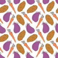 naadloze patroon met wortel aubergine aardappel op een witte achtergrond. vectorillustratie van ingrediënten voor voedsel backgroundin een platte doodle stijl. vector