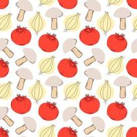 naadloze patroongroenten met elementen van champignons, tomaten, knoflook. vector illustratie