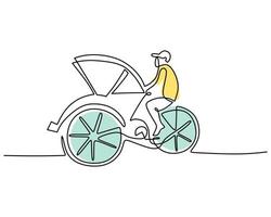 hand- tekening single een lijn van klassiek fietstaxi vervoer vector